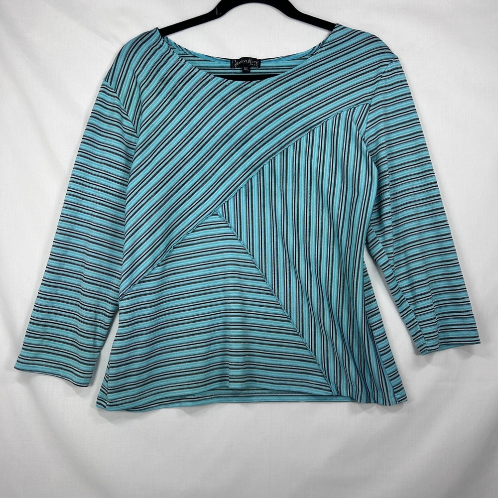 Vintage Y2K Jessica Max Turquoise Asymmetric Striped Top – Made in USA – Size XL